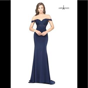 NEW Abby Paris By Lucci Lu 981052 navy blue off the shoulder maxi gown dress 6